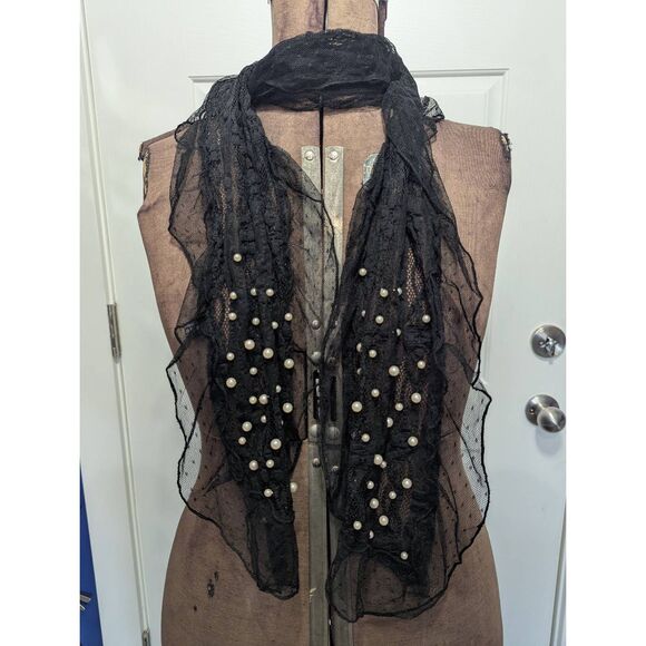 Boho Lace Silk/Poly Blend Scarf w/ Pearl Embellishments - Picture 1 of 9